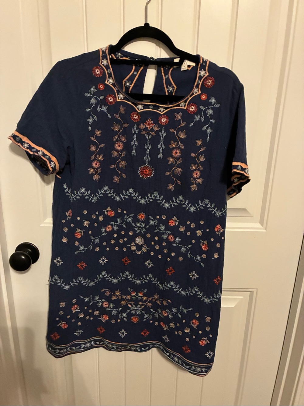 Umgee Navy Blue Embroidered Tunic with Coral and Light Blue Accents